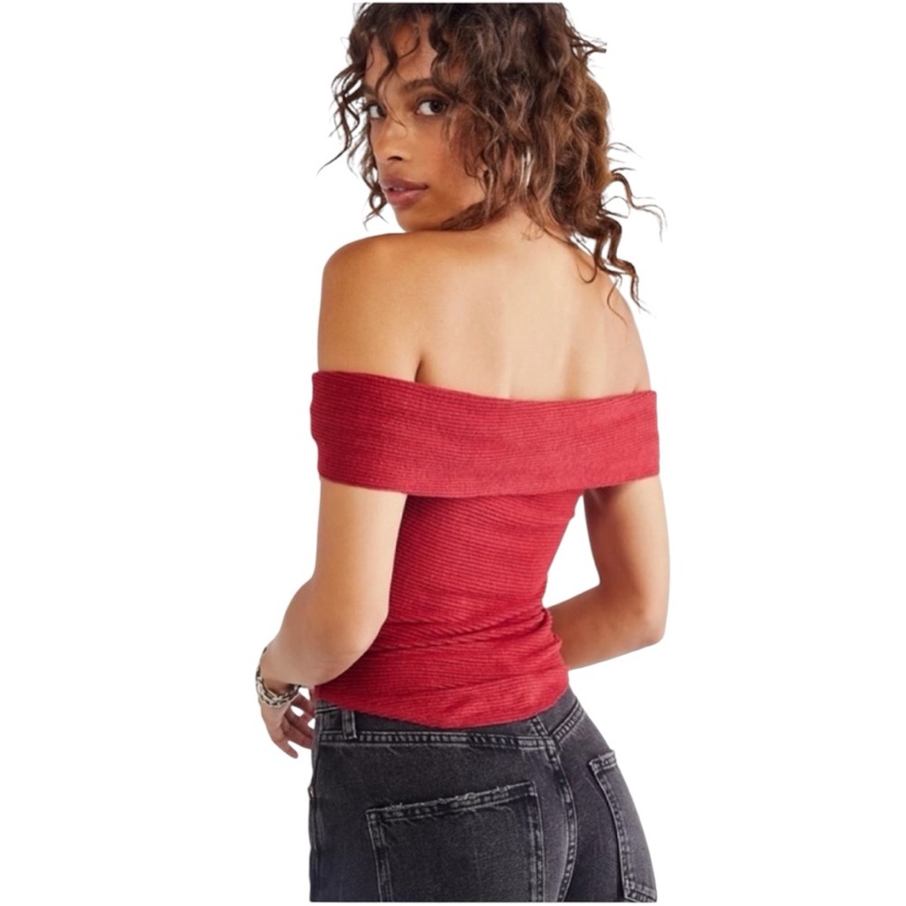 Free People Off-the-Shoulder Ruched Rib Knit Top - Red, XS - Picture 2 of 4